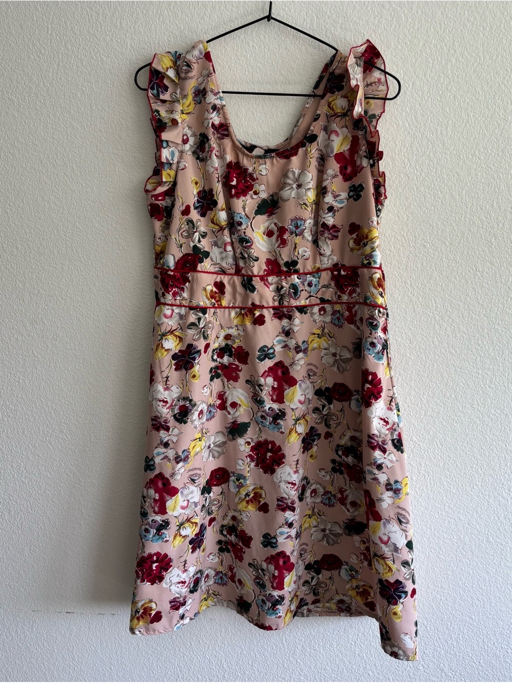 Floral A-Line Dress in Blush with Ruffle Shoulders